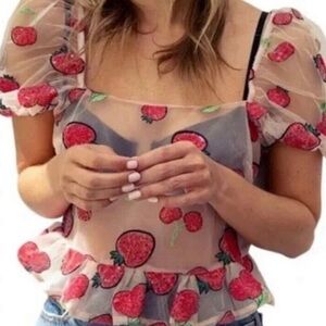 TOPSHOP Womens Size 8 Strawberry Cherry Sequin Top Pink Sheer